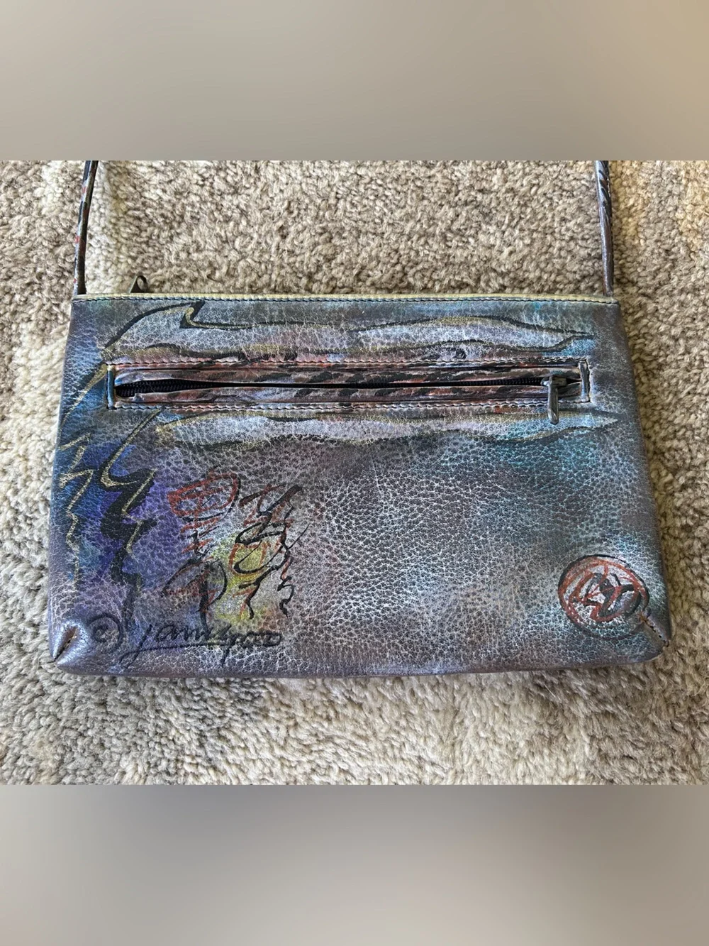 Jane Yoo Wearable Art Vintage Hand Painted Crossbody Leather Bag
